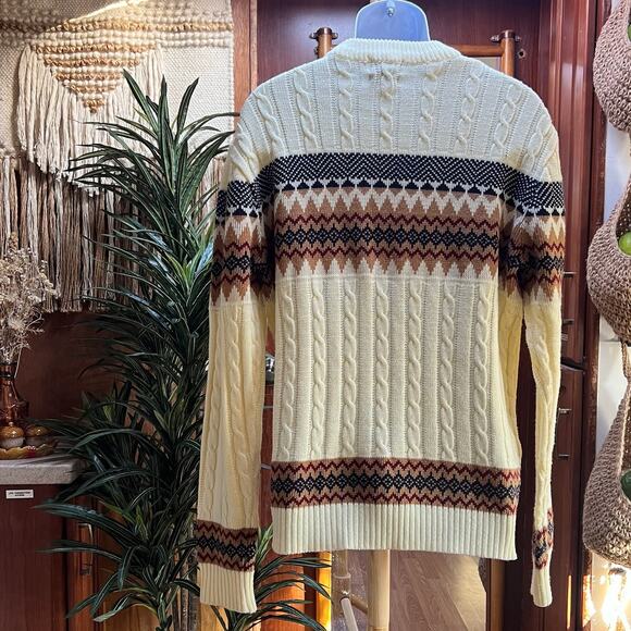 Vintage 90s JCPenney Fair Isle Sweater XL Tall Cream Cable Knit Grandpa Pullover - Picture 2 of 7